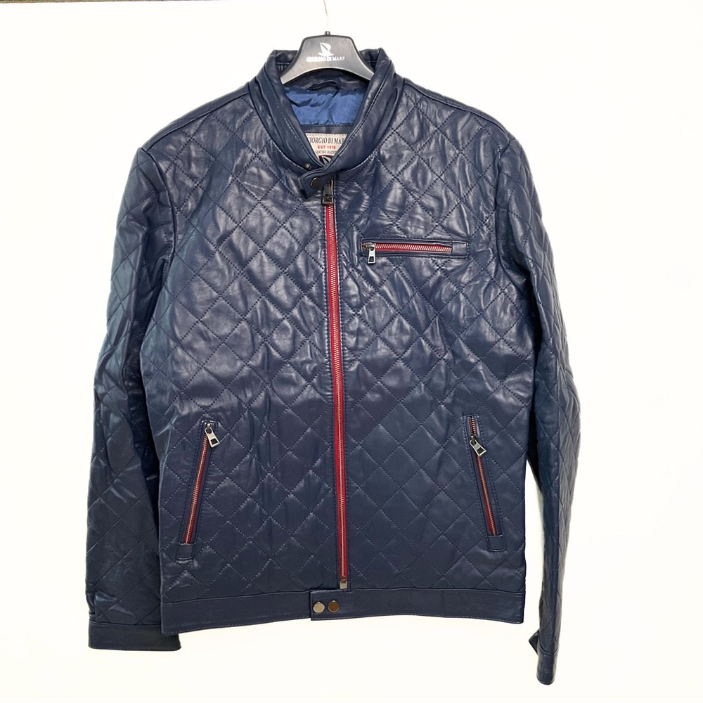Giorgio Di Mare Navy Blue Moto Leather Jacket Mens SZ XL Bikercore Streetwear